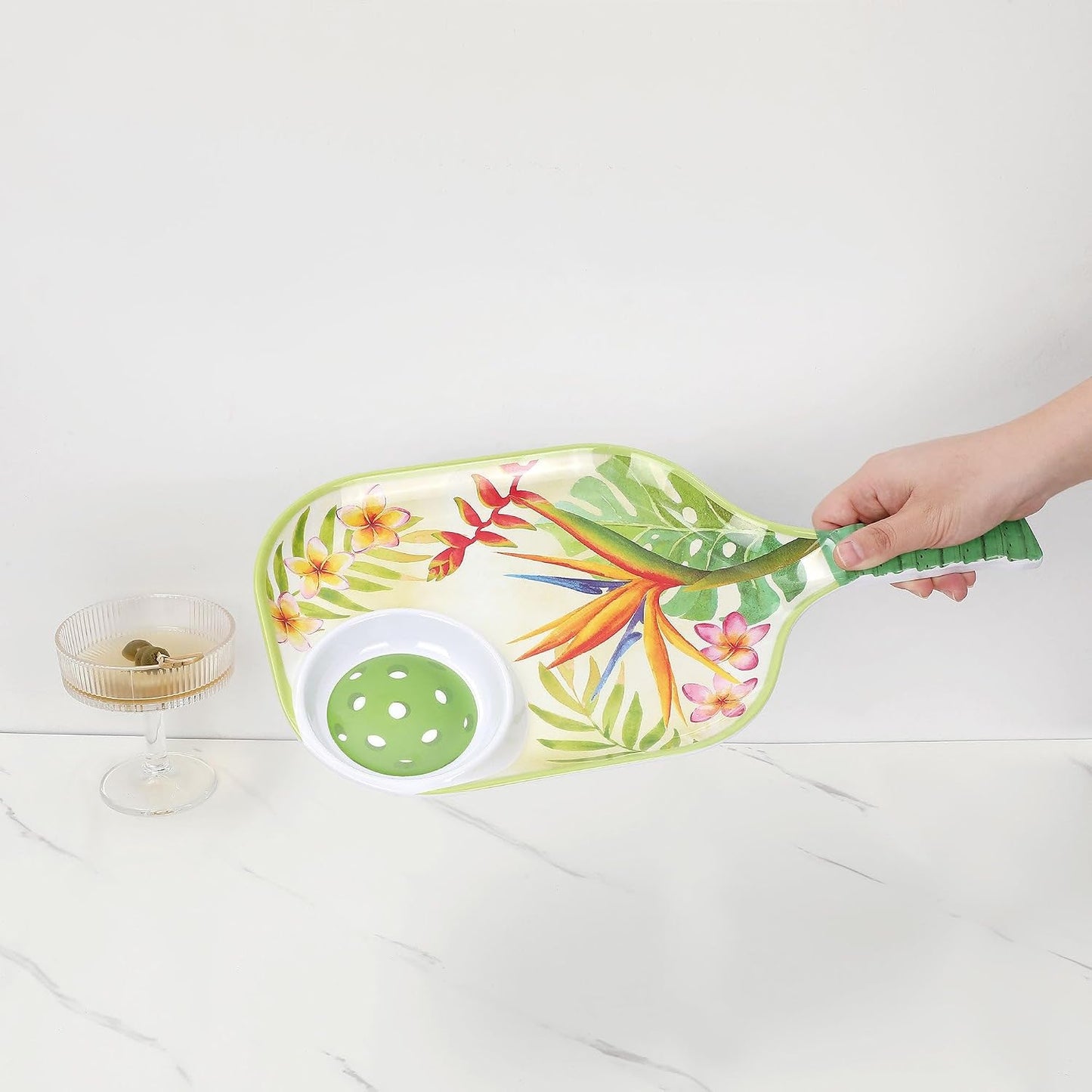 UPware Flamingo Melamine Chip and Dip Snack Tray, Tropical Floral Pickleball Paddle Shape Platter for Chips, Salsa, Fruits, and Appetizers, 15.75 x 8 Inch