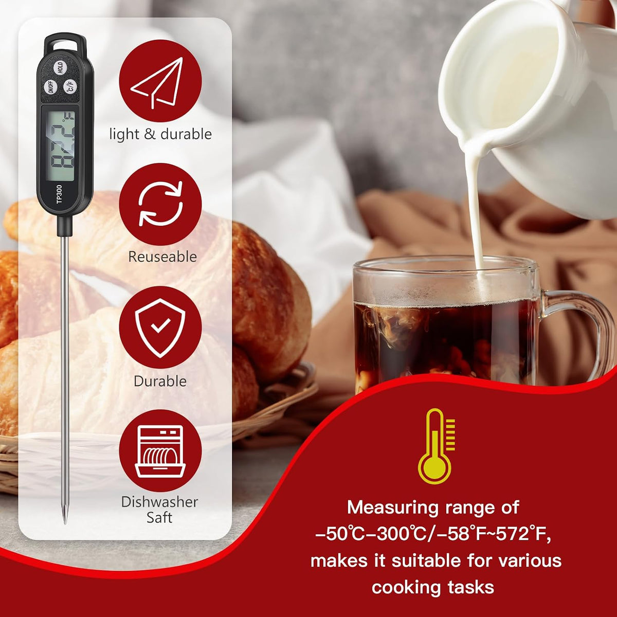 Copkim Food Thermometer Instant Read Probe BBQ,Red