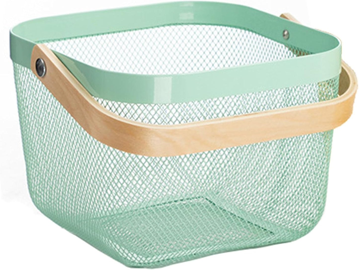 AJIODA Metal Mesh Steel Basket, Storage Organizer Basket Multi-functional Hanging Kitchen Baskets Fruit Basket Bin with Bamboo Handle for Kitchen Bathroom Picnic Shopping Decor Cabinet Home, Blue