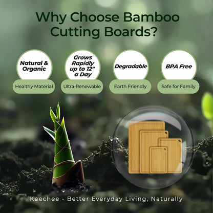 Keechee Wood Cutting Board for Kitchen - Reversible Bamboo Cutting Boards Gift Set of 3 with Juice Groove, Wooden Chopping Board for Meat, Fruit, Vegetables & Cheese (Pre Oiled, Natural)