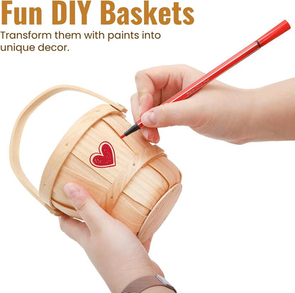 10 Pack Small Wooden Gift Basket, 4 x 4.7 Inch Round Woven Fruit Baskets Bulk, Mini Picnic Baskets with Handle for Easter Garden Picking Berry Vegetable Flower DIY Craft Wedding Party Home