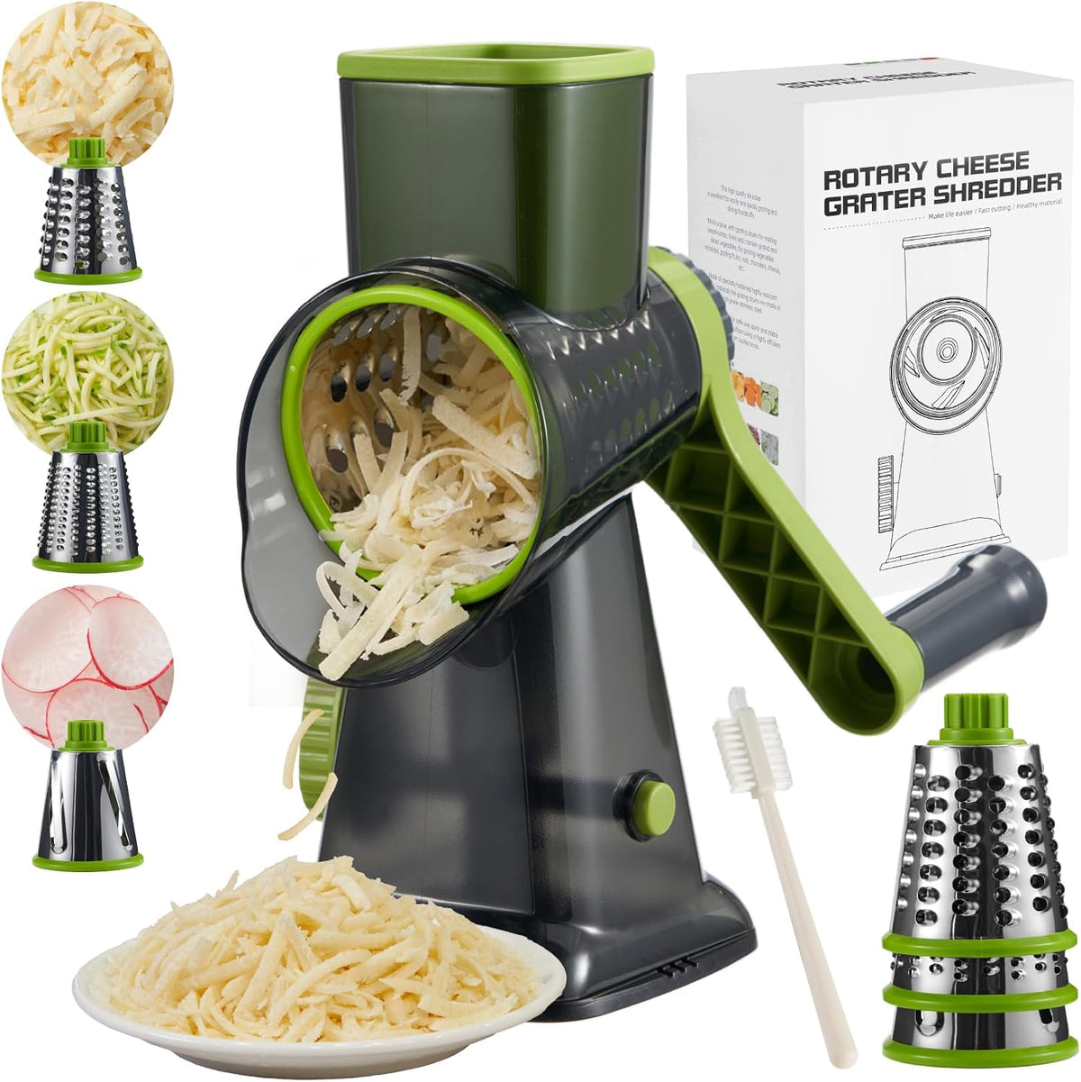Rotary Cheese Grater hand crank 3 blades with Stronger Suction Base | Stainless Steel Blades for Fruits, Vegetables, Nuts. Dishwasher Safe & Easy to Clean, Transparent Black & Blue