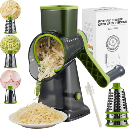 Rotary Cheese Grater hand crank 3 blades with Stronger Suction Base | Stainless Steel Blades for Fruits, Vegetables, Nuts. Dishwasher Safe & Easy to Clean, Transparent Black & Blue