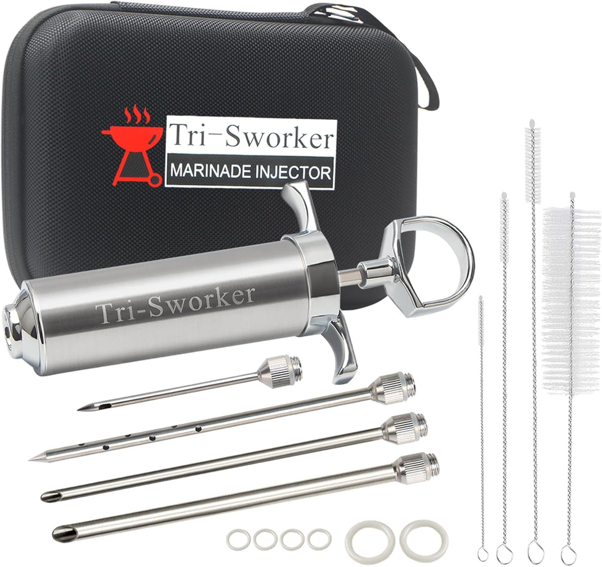 Tri-Sworker Meat Injectors for Smoking with Case and 4 Flavor Food Injector Syringe Needles, Injector Marinades for Meat, Turkey, Brisket; 2-oz; Including Paper and E-Book (PDF) User Manual