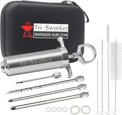 Tri-Sworker Meat Injectors for Smoking with Case and 4 Flavor Food Injector Syringe Needles, Injector Marinades for Meat, Turkey, Brisket; 2-oz; Including Paper and E-Book (PDF) User Manual