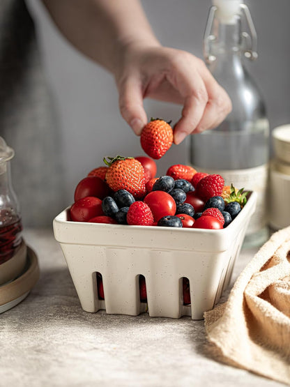 Gomakren Berry Bowls with Holes Ceramic, Berry Washing Bowl Basket Set of 2, 5.8 Inch Round Fruit Bowl Storage Containers, Strawberry Baskets, Farmhouse Kitchen Decor, Yellow + Brown