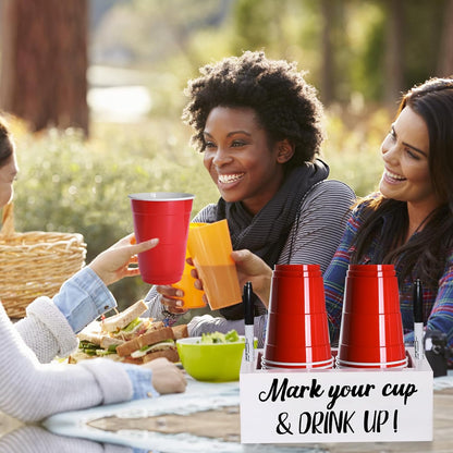 Wooden Cup Holder with Marker Slot, Disposable Plastic Party Cup Organizer for Holiday Gatherings - Hosting Essential to Mark Your Cup & Drink Up, Prevent Mix-Ups, Reduce Waste