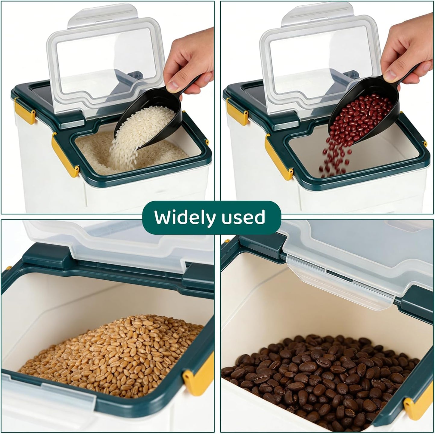 Rice Storage Container 25 lbs, Grey, 2 Pack | Airtight, with Wheels, Locking Lid, Measuring Cup Included, for Flour Sugar Grain Cereal