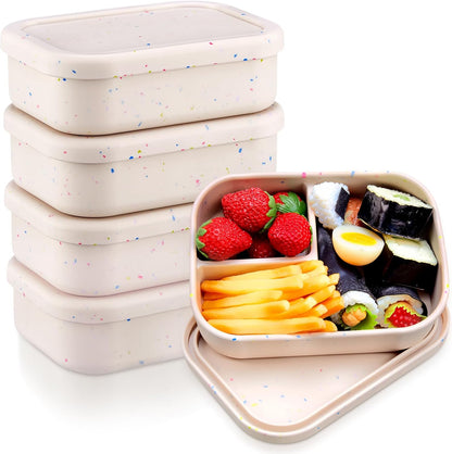 Honeydak 6 Pcs Silicone Bento Box Reusable Silicone Bento Lunch Container for Adults Microwave Dishwasher Freezer Safe 3 Compartment (Light Colors)