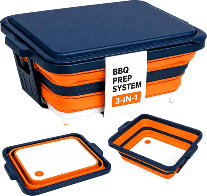 Collapsible BBQ Prep Tub with Convertible Cutting Board Design & Serving Lid – XL Brine Container & Meat Prep System for Brisket, Smoking, Grilling, Camping & Tailgating