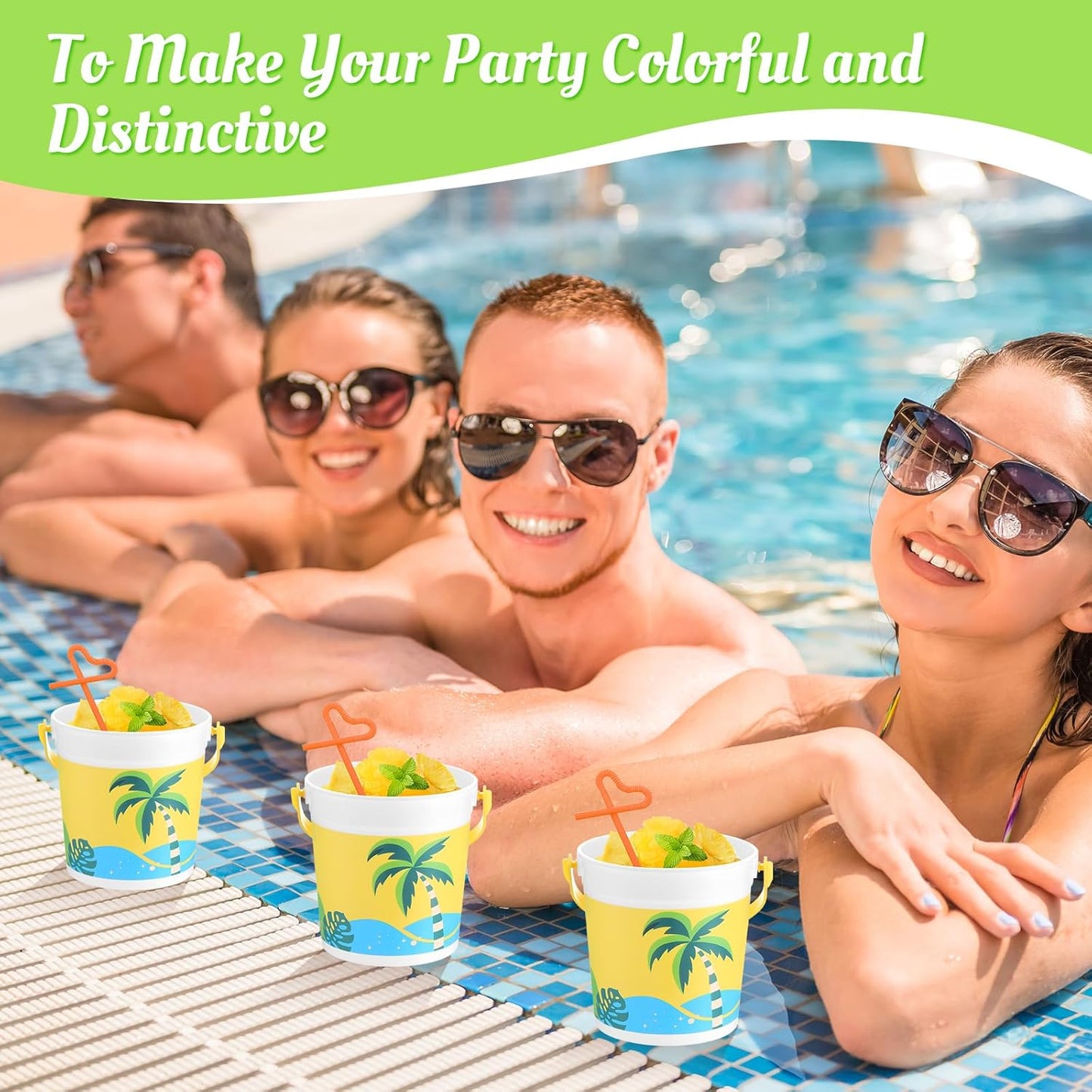 20 Pcs 32 oz Plastic Cocktail Rum Buckets with Handles for Drinks with 100 Colorful Straws Reusable Portable Drink Buckets for Beach Summer Bar Parties
