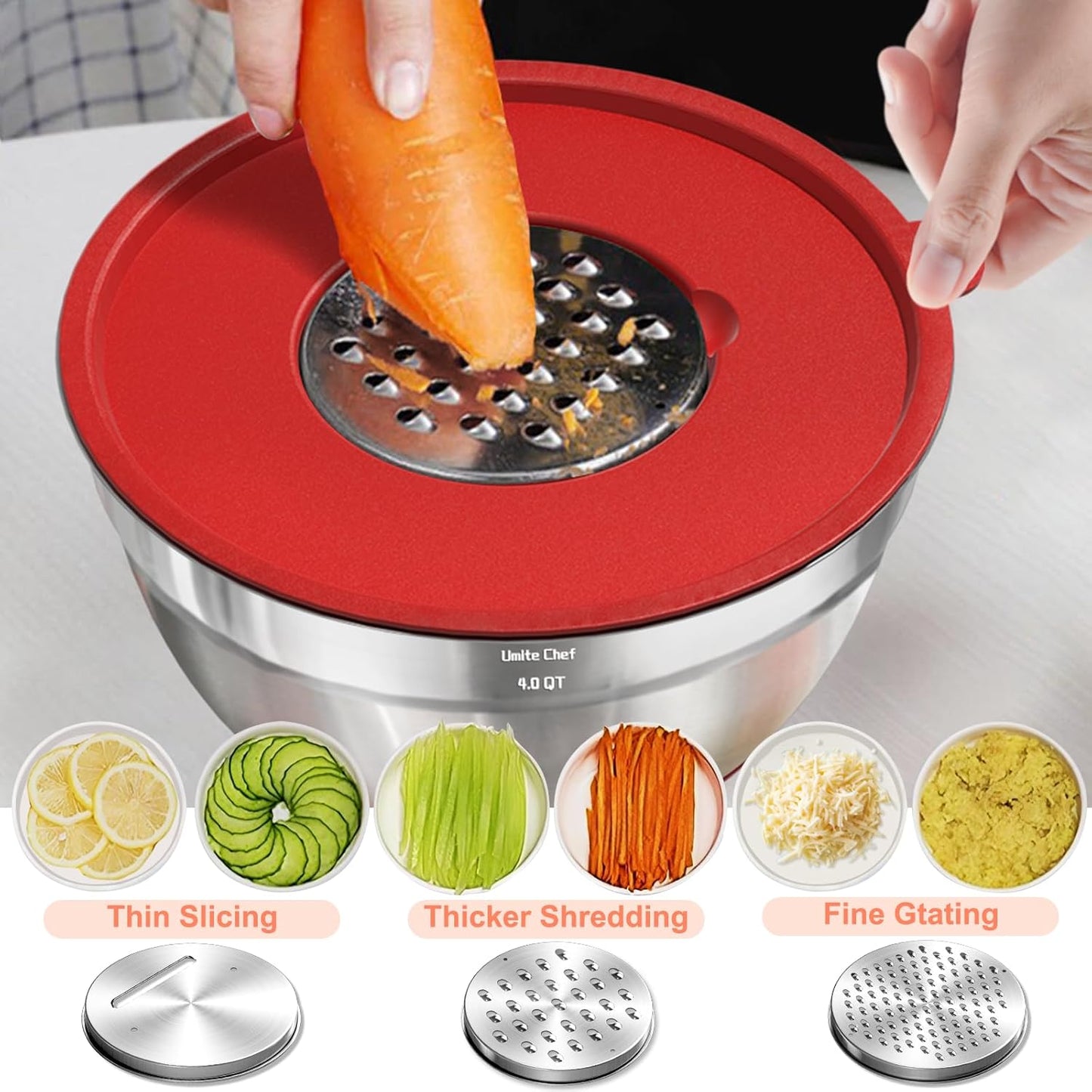 Umite Chef Mixing Bowls with Airtight Lids Set, 8PCS Stainless Steel Nesting Bowls with Grater Attachments, Non-Slip Bottoms, 5, 4, 3.5, 2, 1.5QT for Mixing & Serving