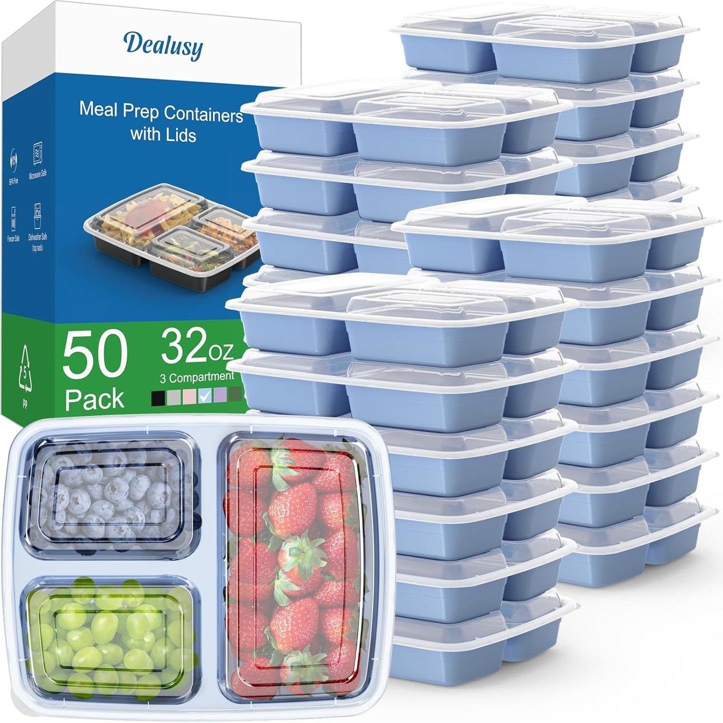 50 Pack (100-Piece) 32 oz Meal Prep Containers Reusable with Lids 3-Compartment, To Go Take Out Plastic Food Storage Containers, Sturdy Leakproof Food Safe, Microwave Freezer Dishwasher Safe, Black