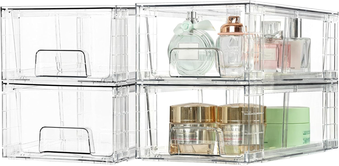 Vtopmart 4Pack Large Stackable Pantry Storage Drawers, Clear Organizer Bins with Handles, Acrylic Drawer Organizers for Kitchen, Pantry, Bathroom Undersink, Cabinet Organization and Storage