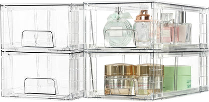 Vtopmart 4Pack Large Stackable Pantry Storage Drawers, Clear Organizer Bins with Handles, Acrylic Drawer Organizers for Kitchen, Pantry, Bathroom Undersink, Cabinet Organization and Storage