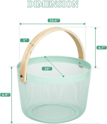 IBWell Bucket-Shape Metal Wire Woven Fruit Storage Bowl Basket with Wooden Handle, Large Black Mesh Fruit Stand, Multi-function Hanging Kitchen Baskets (Blue Grey)