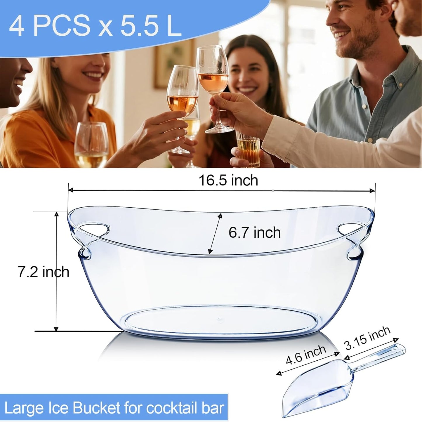 Emycool Ice Bucket, 5.5L Large Ice Buckets for Parties and Freezer, Plastic Beverage Tub for Cocktail Bar with Scoops for Wine, Champagne, Beer (4PCS)
