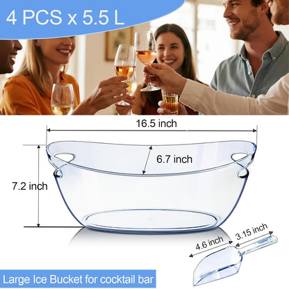 Emycool Ice Bucket, 5.5L Large Ice Buckets for Parties and Freezer, Plastic Beverage Tub for Cocktail Bar with Scoops for Wine, Champagne, Beer (4PCS)