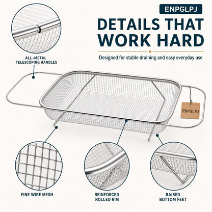 Stainless Steel Expandable Over-The-Sink Colander Basket Mesh Strainer