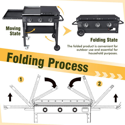 Propane Gas Griddle Charcoal Grill Combo Flat Top Griddle W/Dual Lids & 2 Side Shelves Dual Fuel BBQ Grill for Outdoor Barbecue