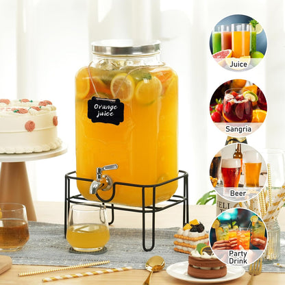 Bululuo Glass Drinks Dispenser for Parties, 2 Gallon Beverage Dispenser with Stand for Juice and Iced Tea, Water Jug Dispenser for Lemonade, Party Essential Beverage Pitcher with Spout