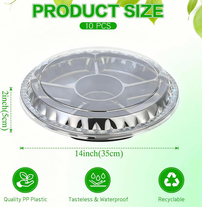 10 Pcs Round Plastic Appetizer Tray with Lid Divided Serving Tray Disposable Food Storage Trays Containers Plastic Tray Storage Snack Fruit Vegetable Trays for Party (black, 13.7 x 13.7 x 2 Inch)