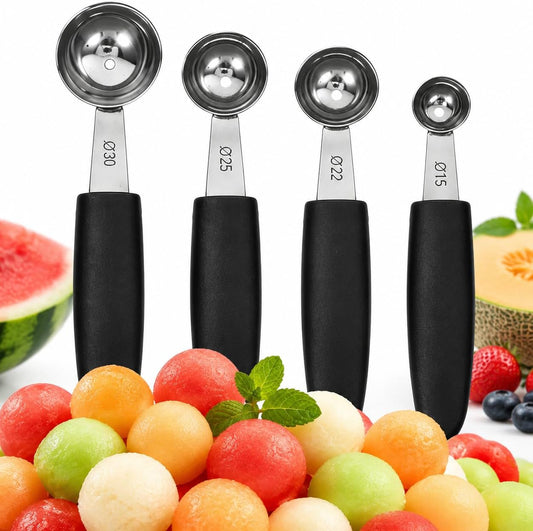Stainless Steel Melon Baller Scoop: 4pcs Fruit Ice Cream Baller with Comfortable Grip Handle Round Melon Balls Scooper for Watermelon Ice Cream Fruits