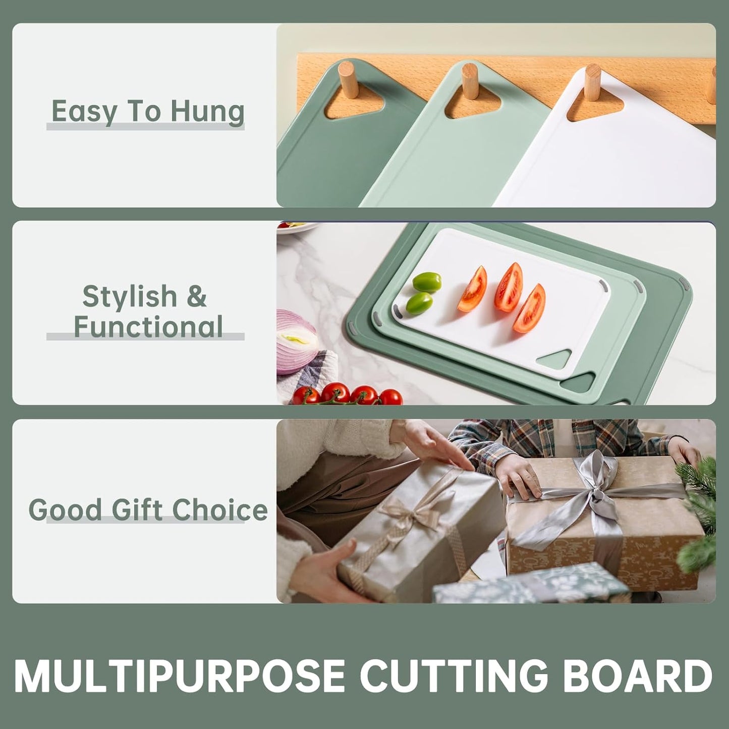 THETCHRY Plastic Cutting Board Set of 4, Extra Large Cutting Board for Kitchen with Non-Slip, Large -Small Chopping Board for Cooking, Bpa Free, with Grip Handle,Green