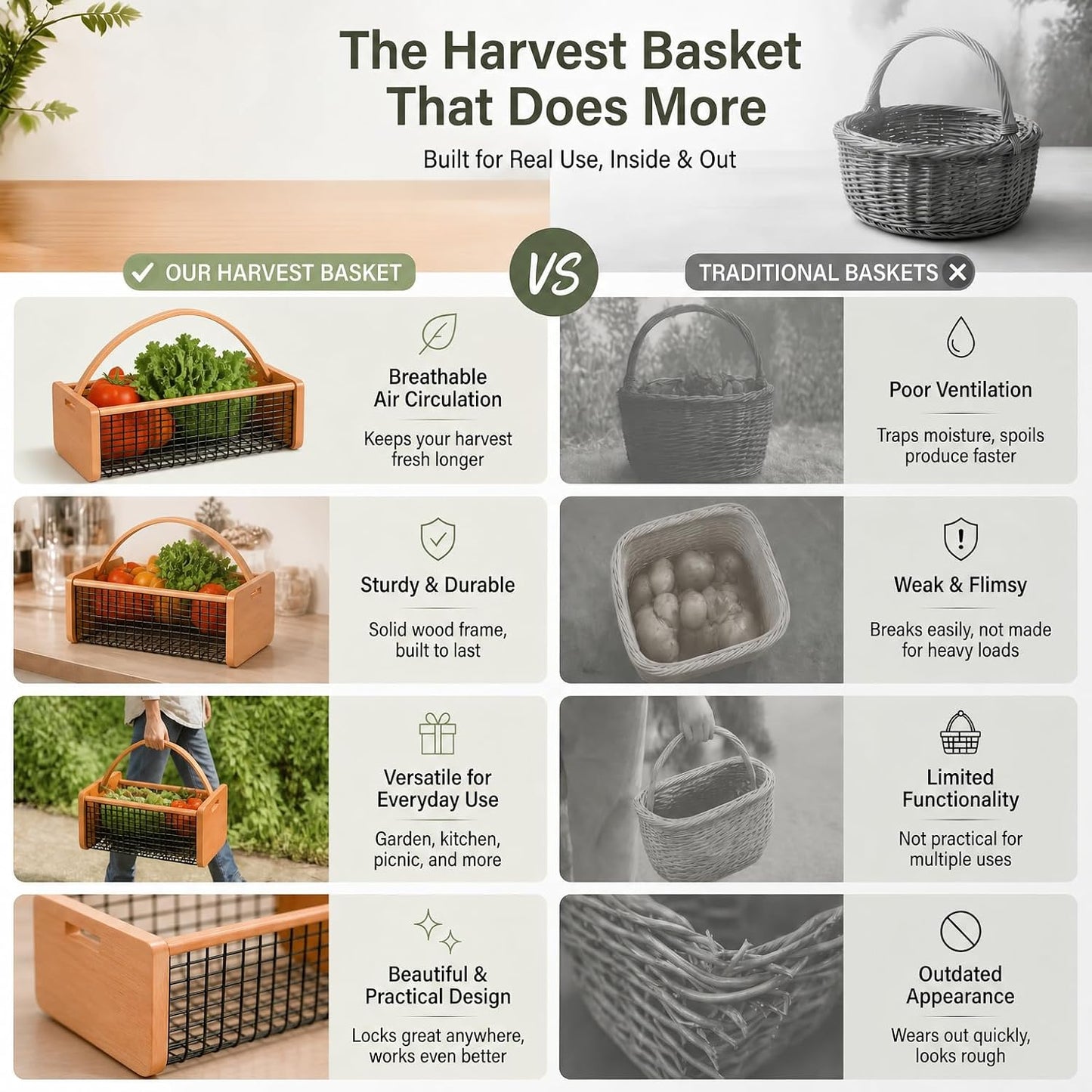 Garden Harvest Basket for Gathering Vegetables, Fruits & Flowers – Durable Wooden Hod with Rotating Handle, Coated Wire Mesh Produce Caddy for Rinsing, Draining & Farmhouse Decor