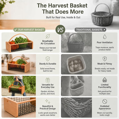 Garden Harvest Basket for Gathering Vegetables, Fruits & Flowers – Durable Wooden Hod with Rotating Handle, Coated Wire Mesh Produce Caddy for Rinsing, Draining & Farmhouse Decor