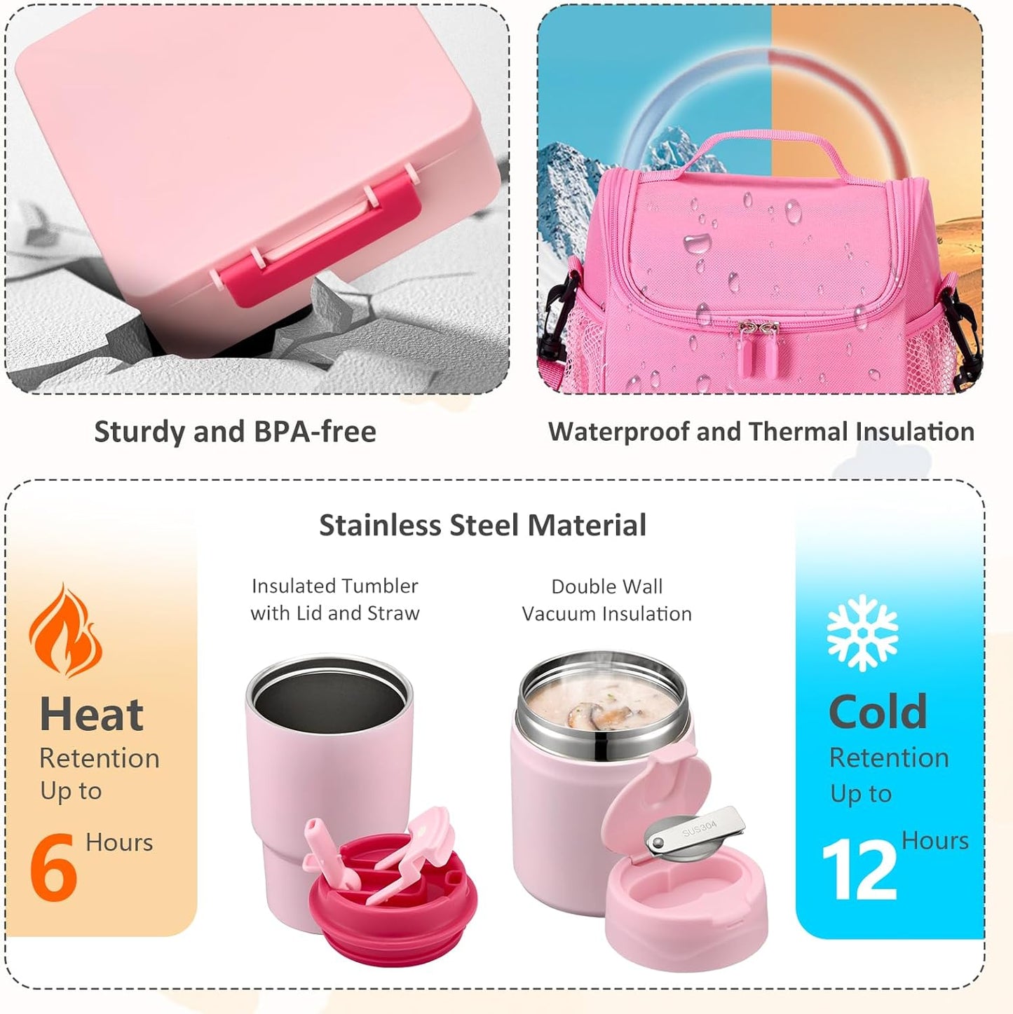 Pawtong Lunch Box Set with Bento Box Container, 17OZ Stainless Steel Food Soup Thermo, Kids Water Bottle & Portable Insulated Lunch Bag, Leakproof, Hot/Cold Retention for School, Travel (Purple-Horse)