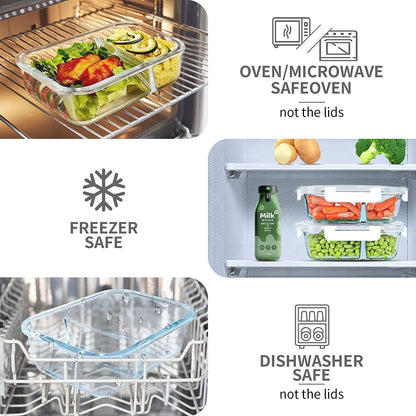 KOMUEE 10 Packs 30oz Glass Meal Prep Containers 2 Compartments,Glass Food Storage Containers with Lids,Airtight Lunch Bento Boxes,Microwave,Oven,Freezer and Dishwasher Safe