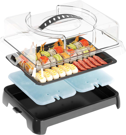 Chilled Portable Serving Tray Platterbox with Reusable Ice Pack with Lid Shrimp Cocktail Serving Dish Platter Cold Food Buffet Server for Appetizer Veggie Fruit Food Parties Outdoor Picnic, Green