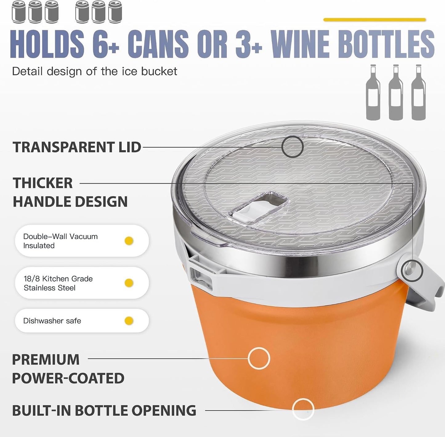 COKTIK 7L Vacuum Insulated Ice Bucket with Lid and Scoop& Tongs，Large capacity Stainless Steel Beverage Bucket for Cocktail, Champagne, Wine, Beer，Large Parties（Milk White Suit）