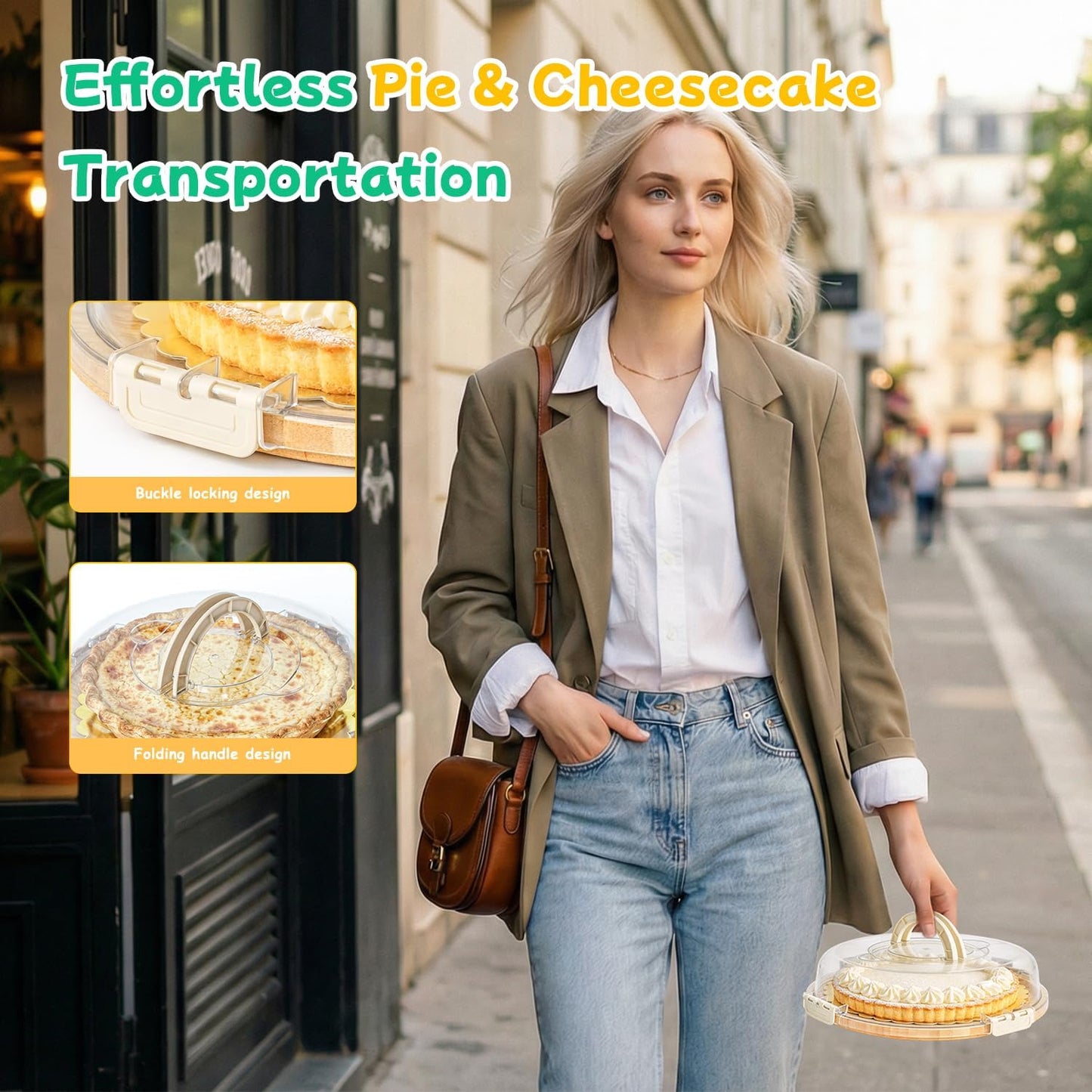 Pie Carrier with Lid and Handle, Reusable Pie Container for 10 Inch Round Pie, Cheesecake, Pizza, Cheesecake Container for Party with 10 Pcs Round Golden Cake Boards and Portable Insulated Bag