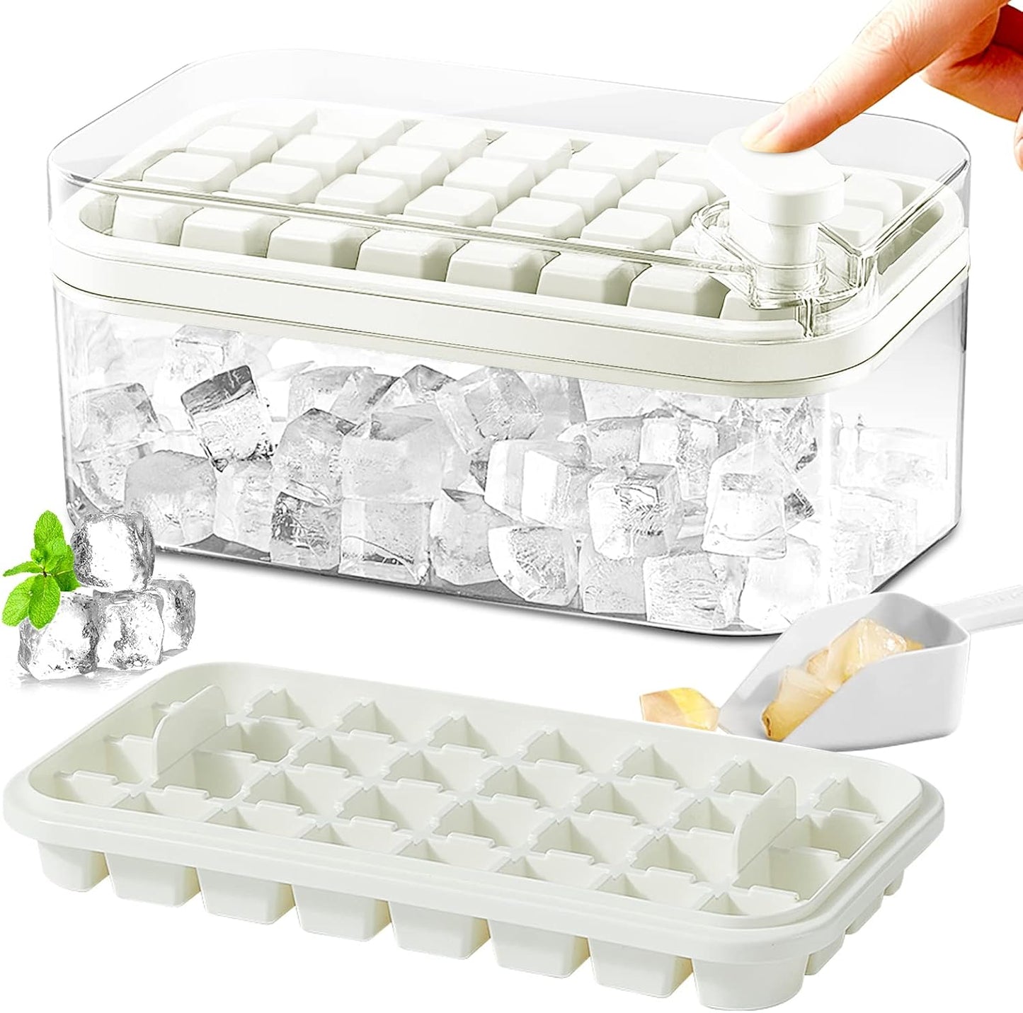 Ice Cube Tray with Lid and Bin, 2 Pack Ice Cube Trays for Freezer, 64 Pcs Ice Cube Mold, Press Button Easy Release Ice Tray, Small Ice Cubes Maker for Drinks(Green)