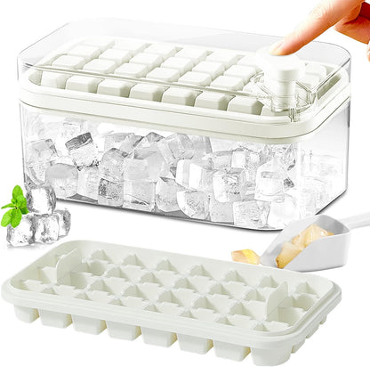 Ice Cube Tray with Lid and Bin, 2 Pack Ice Cube Trays for Freezer, 64 Pcs Ice Cube Mold, Press Button Easy Release Ice Tray, Small Ice Cubes Maker for Drinks(Green)