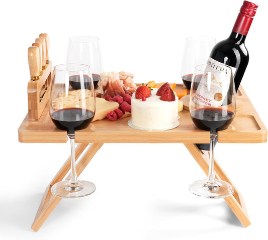 Charcuterie Picnic Table with Wine Glass Holder, Portable Wine & Cheese Board, 4-Piece Cheese Knife Set (Gold) w/Detachable Knife Stand, Bamboo Charcuterie Table, Hosting & Wine Gift