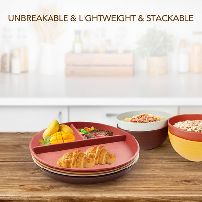 greenandlife 9 Inch 4PCS Portion Control Plates with Lids, Divided Plates for Kids Adults, Dishwasher Microwave Safe Compartment Plate, Unbreakable Lightweight Reusable Wheat Straw Plate, Earth Tone
