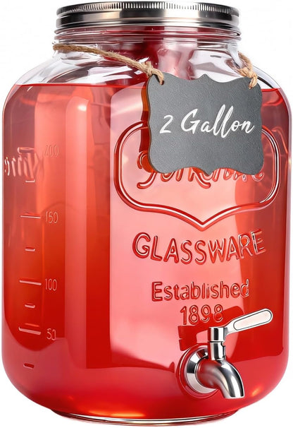 2 Gallon Glass Drink Dispenser,Beverage Dispenser with Stand,Lemonade Dispenser with 304 Stainless Steel Spigot Leakproof for Entertaining Guests, Picnic,Hosting Parties