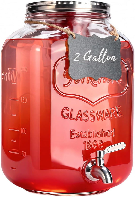 2 Gallon Glass Drink Dispenser,Beverage Dispenser with Stand,Lemonade Dispenser with 304 Stainless Steel Spigot Leakproof for Entertaining Guests, Picnic,Hosting Parties