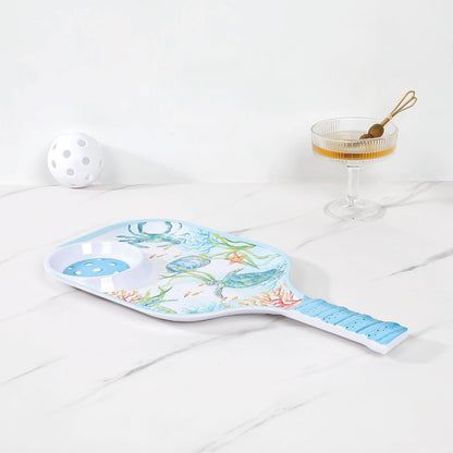 UPware Flamingo Melamine Chip and Dip Snack Tray, Tropical Floral Pickleball Paddle Shape Platter for Chips, Salsa, Fruits, and Appetizers, 15.75 x 8 Inch