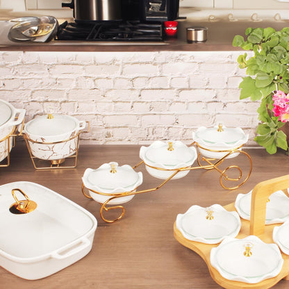 Ceramic Serving Bowls with glass Lids and metal Platter, 3 Removable Dipping Bowls Relish Tray Nuts Dishes for Appetizer, Fruits, Candy & Condiment, Perfect for Party Entertainment