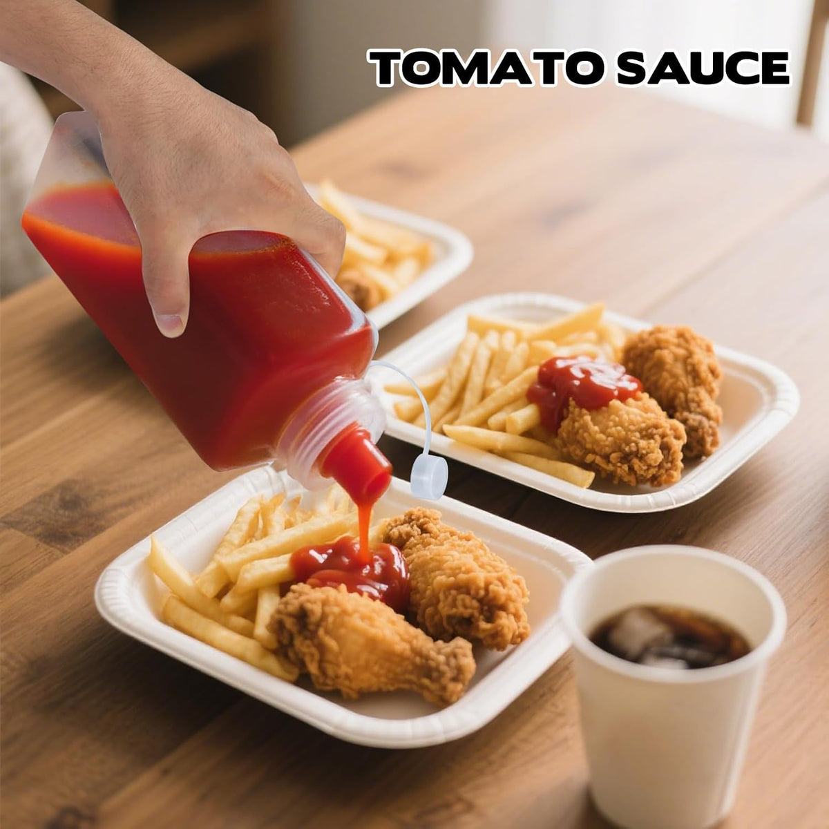 4 Pack 1 QT Large Condiment Squeeze Bottle for Sauses, 34oz Wide Mouth Liquids Dispenser Bottles with Lid, For Ketchup, Taco, Marinara, Pasta, BBQ, Spaghetti, Tomato Sauce, Restaurant-Grade Design