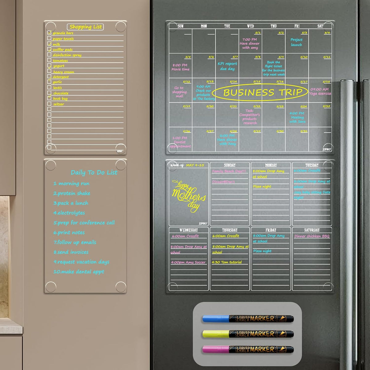 JJPRO Non-Magnetic Clear Weekly Planner & to Do List for Fridge, 8.5"x13" Dry Erase to Do List WhiteBoard,Reuasble Weekly Calendar for Refrigerator,Cabinet,Wall&Glass, All Smooth Surfaces
