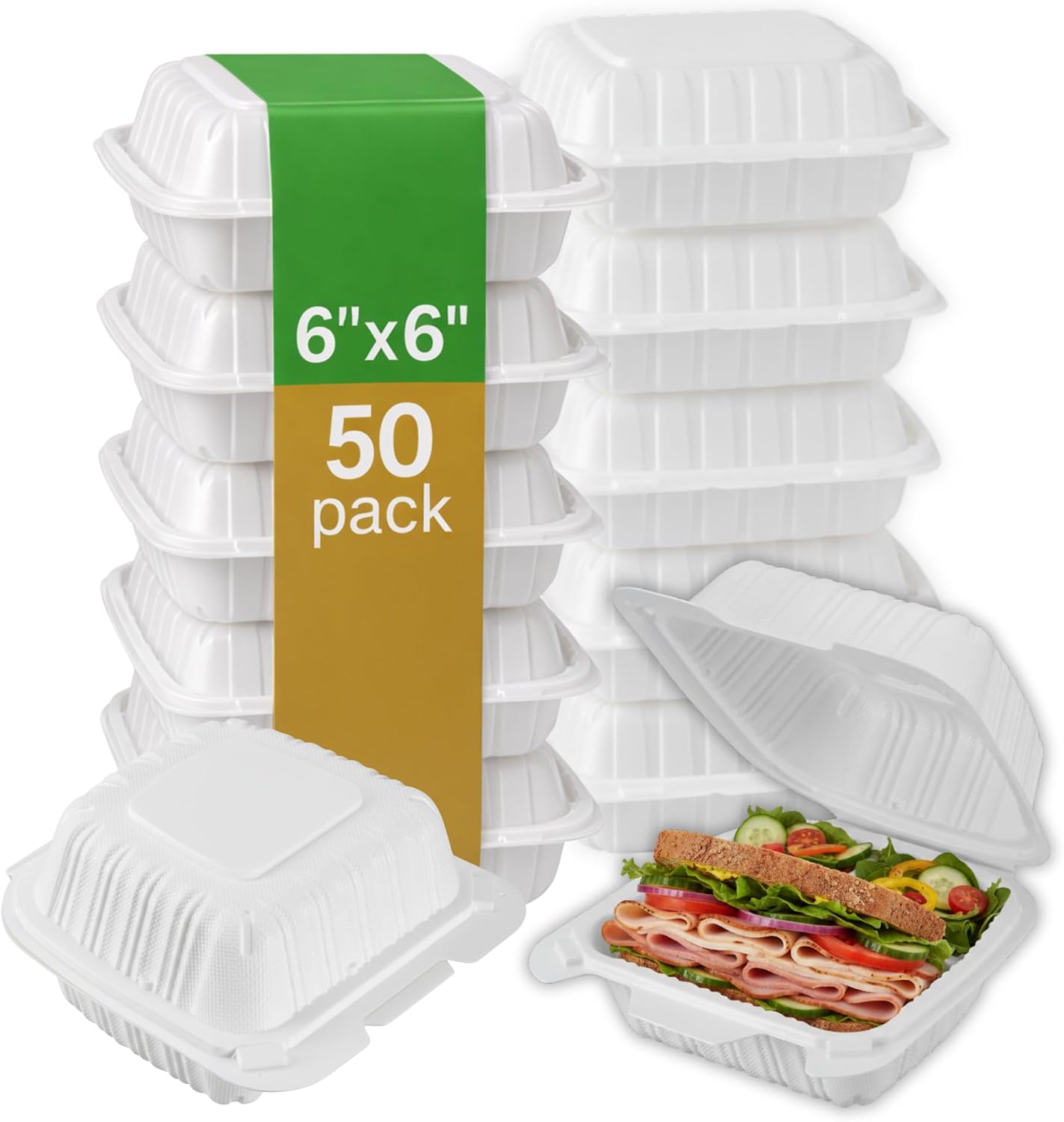 9x9 3-Compartment Hinged Vented Food Containers, 50 Pack – Clamshell Takeout Containers, Meal Prep Food Storage, 3 Compartment Food Containers, To Go Boxes & Cake Slice Box - Black