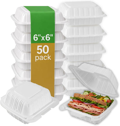 9x9 3-Compartment Hinged Vented Food Containers, 50 Pack – Clamshell Takeout Containers, Meal Prep Food Storage, 3 Compartment Food Containers, To Go Boxes & Cake Slice Box - Black