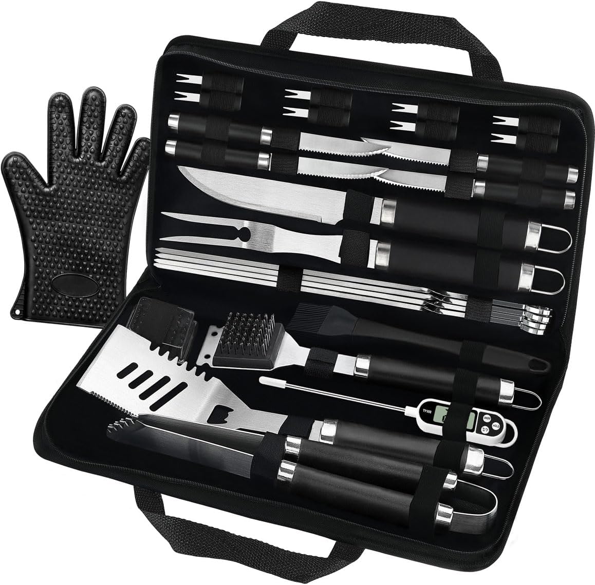 POLIGO 29 PCS BBQ Grill Accessories Stainless Steel BBQ Tools Grilling Tools Set with Storage Bag for Fathers Day Dads Birthday Presents - Camping Grill Utensils Set Ideal Grilling Gifts for Men Brown