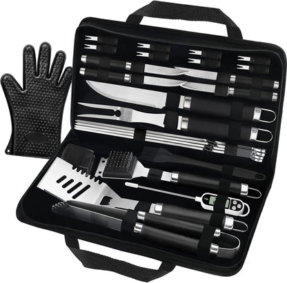 POLIGO 29 PCS BBQ Grill Accessories Stainless Steel BBQ Tools Grilling Tools Set with Storage Bag for Fathers Day Dads Birthday Presents - Camping Grill Utensils Set Ideal Grilling Gifts for Men Brown