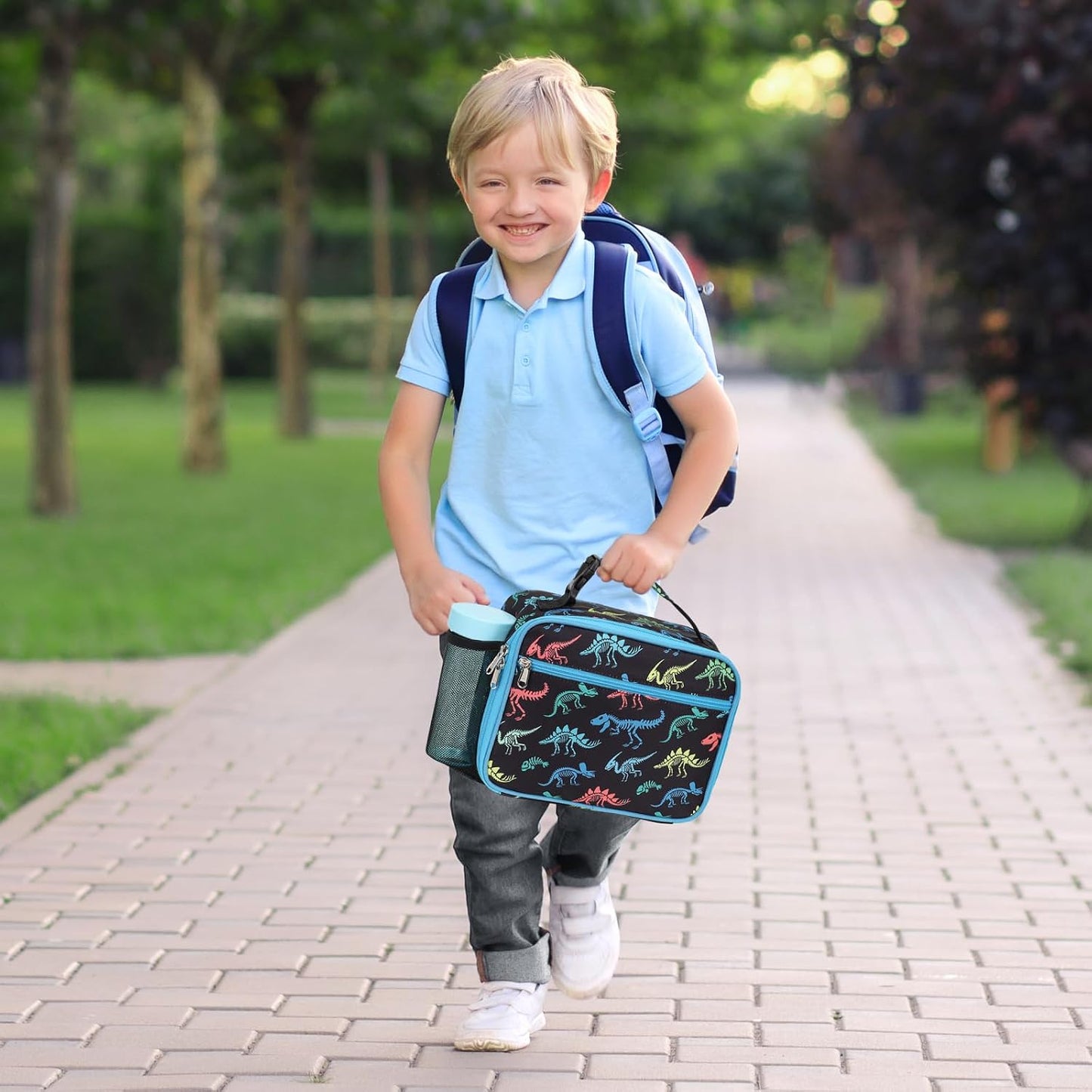 Kids Lunch Bag Boys - Insulated Kids Lunch Box Reusable Lunchbox with Water Bottle Holder Toddler Lunch Tote Bag for School Daycare, Black Dino Fossil